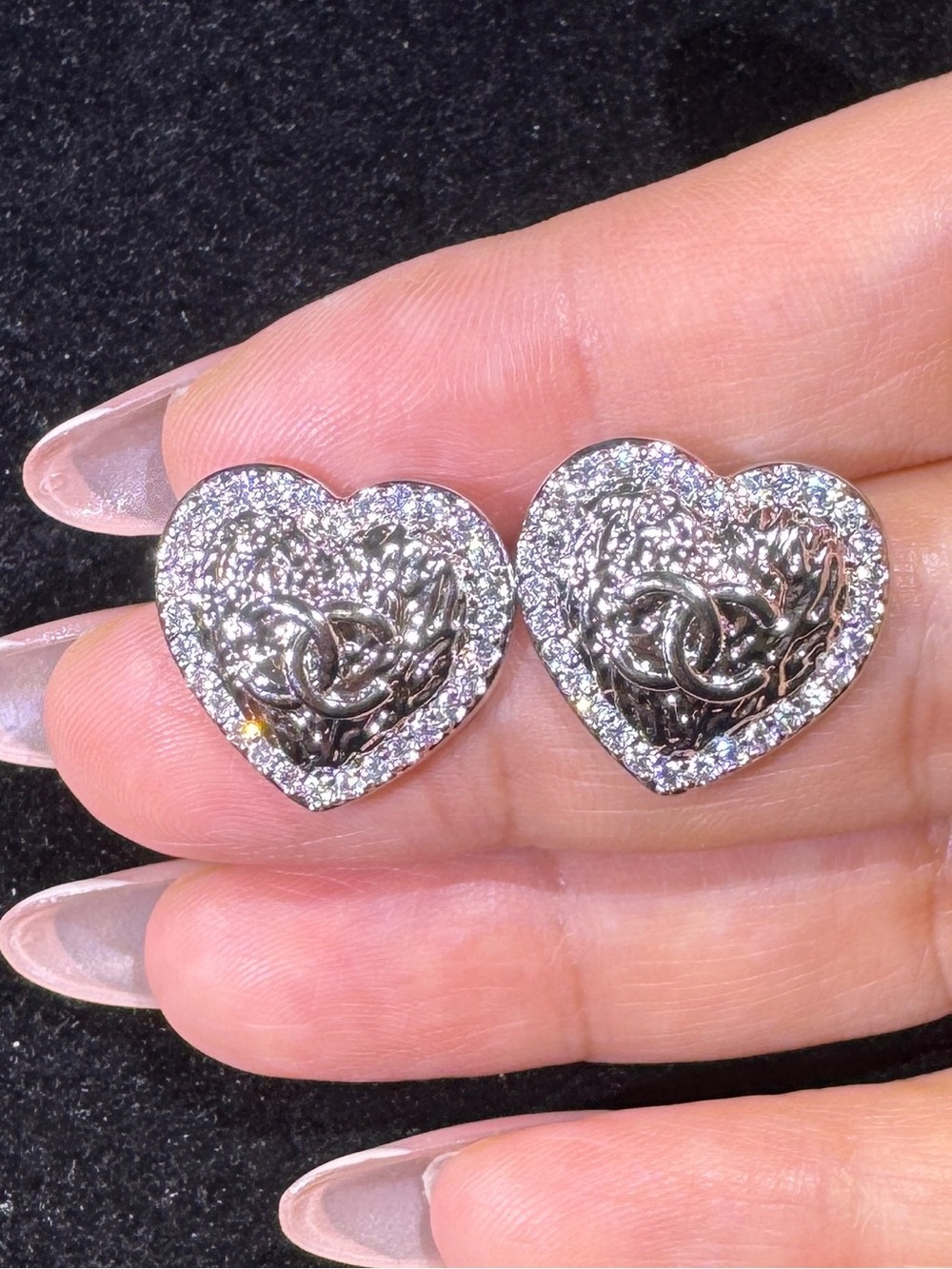 S925 Posts CZ Heart Stud Earrings – Embossed Floral Design